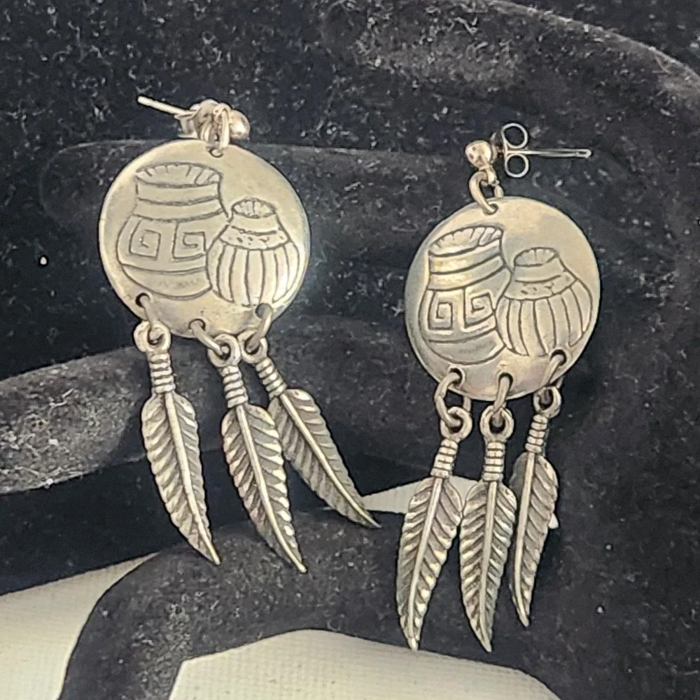 Southwestern Etched Pottery and Feather Dangle Post Earrings Silver Tone